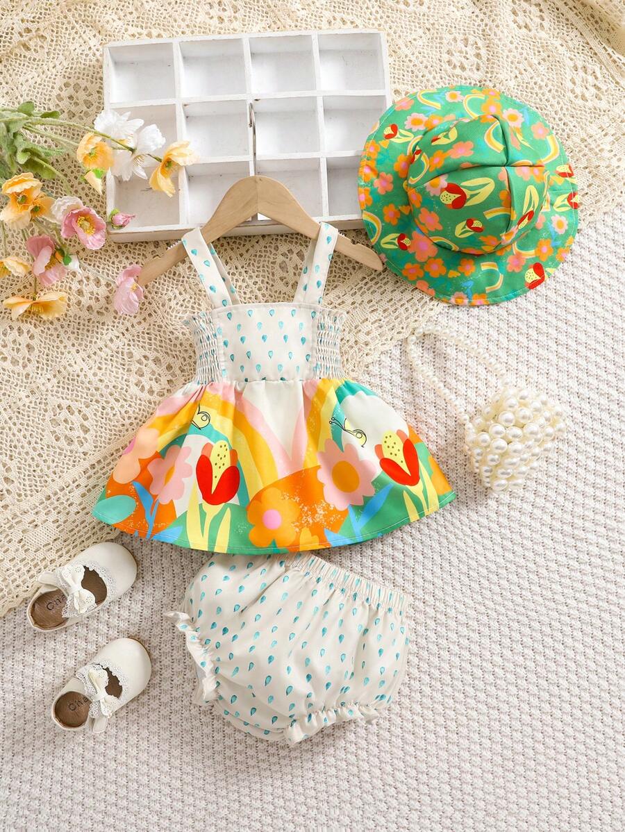 SHEIN Baby Girls Colorful Holiday Cartoon Floral Rainbow Print Overall Dress With Matching Shorts & Bucket Hat Set - Apricot - View 1