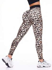 Core Rhythm 豹纹拼布修身运动瑜伽紧身裤 - 卡其色 - 查看 1
