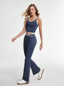 Activina Women Contrast Color Trimmed Sleeveless Top And Flare Pants Sports Suitwomen Workout Set - Blue - View 4