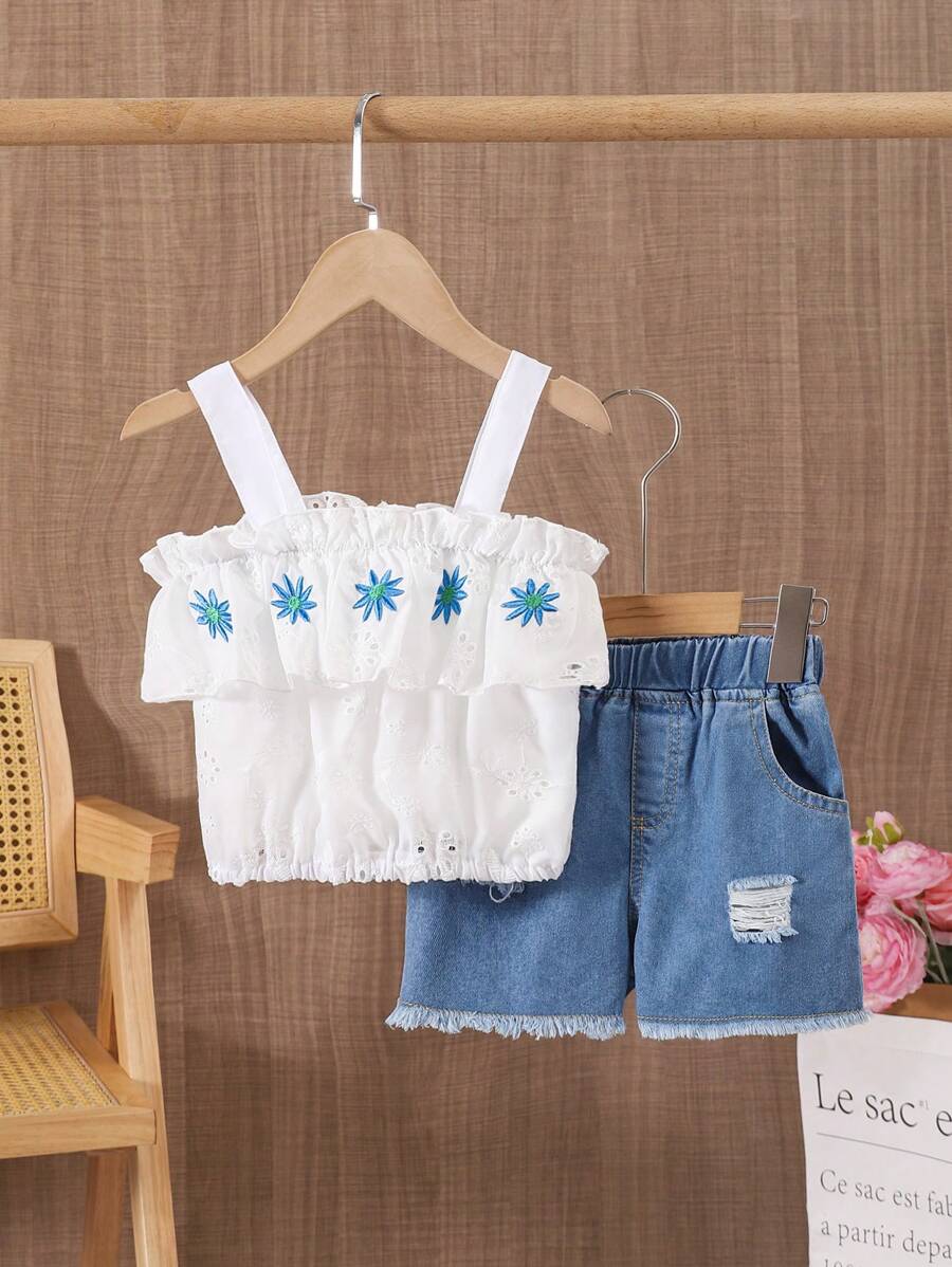 SHEIN Set de 2 piezas para niñas con top con volantes y shorts vaqueros azul desgastado - Azul - Ver 1