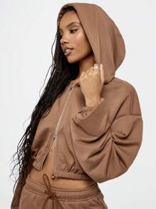 SUMWON WOMEN Cropped Zip-Up Hoodie With Elastic Hem Athleisure Workout Sports Casual Lounge Wear Spring Summer Streetwear Fashion Hooded Sweatshirt