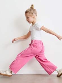 THE HAPPY LOOK Young Girls Loose Fit Embroidered Straight Leg Pink Casual Jeans, Autumn/Winter