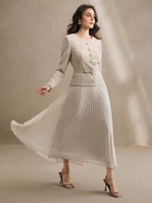 Anewsta Vestido largo de mujer de manga larga con cinturón en la cintura y pliegues, atuendo para el Día de San Valentín y Año Nuevo