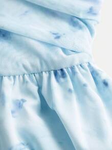 SHEIN Girlism 少女蓝色露肩褶皱腰 A 字形分层碎花网眼连衣裙，干净的风格，可爱，度假装，优雅，春夏 - 淺藍色 - 查看 6