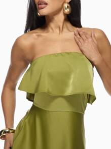 MISSGUIDED Elegant High-Low Strapless Evening Maxi Dress With Ruffle Overlay Perfect For Party Wedding Guest Special Occasion Formal Events Holiday Season Prom Gala - Olive Green - View 6