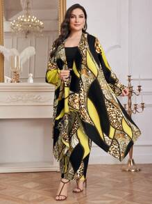 Modelyn Plus Size Women 2pcs Set Leopard Print Asymmetric Hem Long Sleeve Jacket And Pants - Yellow - View 6