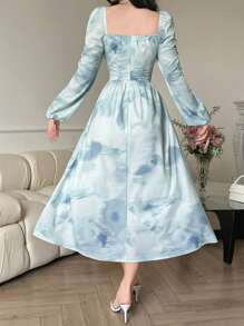 DAZY Square Neck Floral Print Waist Belt Midi Dress For Women,Dress For Wedding,Fall Dress Long Sleeve Dress - Blue - View 2