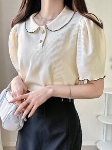 FRIFUL 女式杏色 Polo 领 T 恤，撞色滚边和泡泡袖，夏季可爱上衣