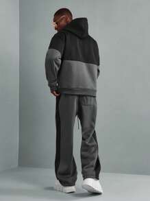 SUMWON Luxury Two-Tone Color Block Hoodie Co-Ord Set Oversized Streetwear Tracksuit Premium Fleece Winter Athletic Loungewear Training Sport Set - Dark Grey - View 3