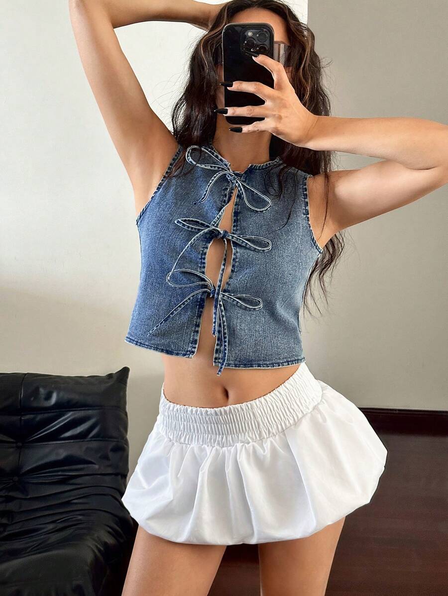 SHEIN ICON Women's Casual Washed Open Front Tied Sleeveless Denim Shirt - Dark Wash - View 1