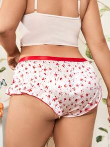 Curvy Romantic Ditsy Floral Satin Print Split Contrast Color Plus Size Triangle Panty, Red & White - Red and White - View 2