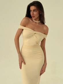 Aloruh Vestido romântico com decote em V e mangas curtas, comprimento até o chão, para mulheres - Damasco - Ver 1
