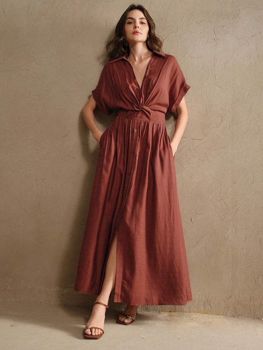 Anewsta Women's Design Sense V-Neck Single-Breasted Twist Waist Long Dress, Suitable For Festival, Going Out, Vacation Outfits - Burgundy - View 1