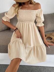 Breezaya Women's Minimalist Off-Shoulder Short Sleeve Dress - Khaki - View 4