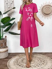 EMERY ROSE Women Summer Casual Printed Short Sleeve Mid-Length Dress