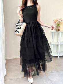 FRIFUL Vestido negro largo y entallado de malla con silueta A, vestido de fiesta, vestido de invitada para bodas, conjunto formal de vacaciones para mujer, vestido de verano elegante