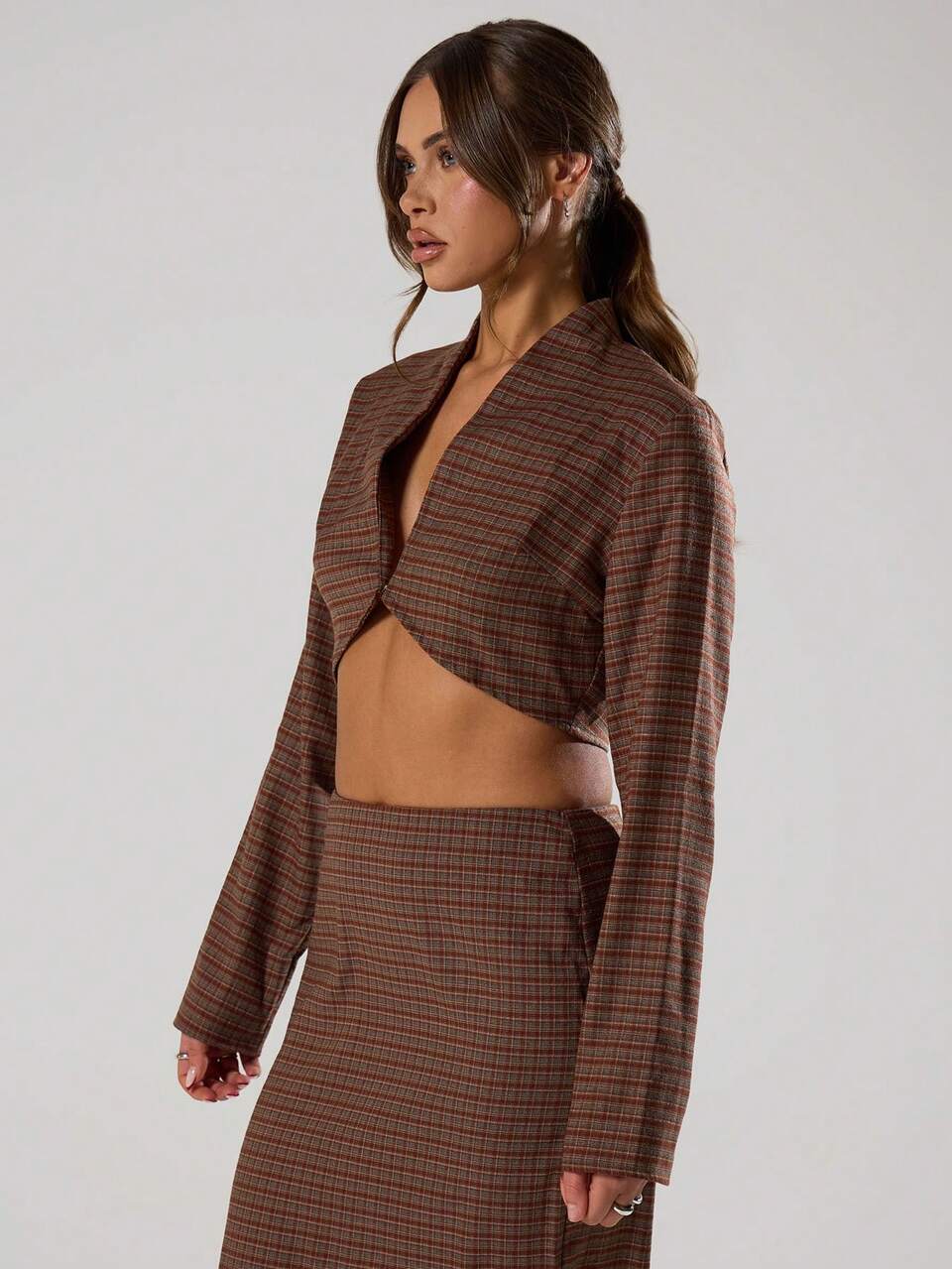 Checked Twist Front Longsleeve Top Casual Vacation Sexy Summer , Autumn, Spring Holiday