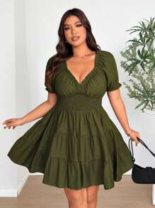 Vionelle Plus Size V-Neck Chiffon Puff Sleeve Ruched Dress - Army Green - View 7