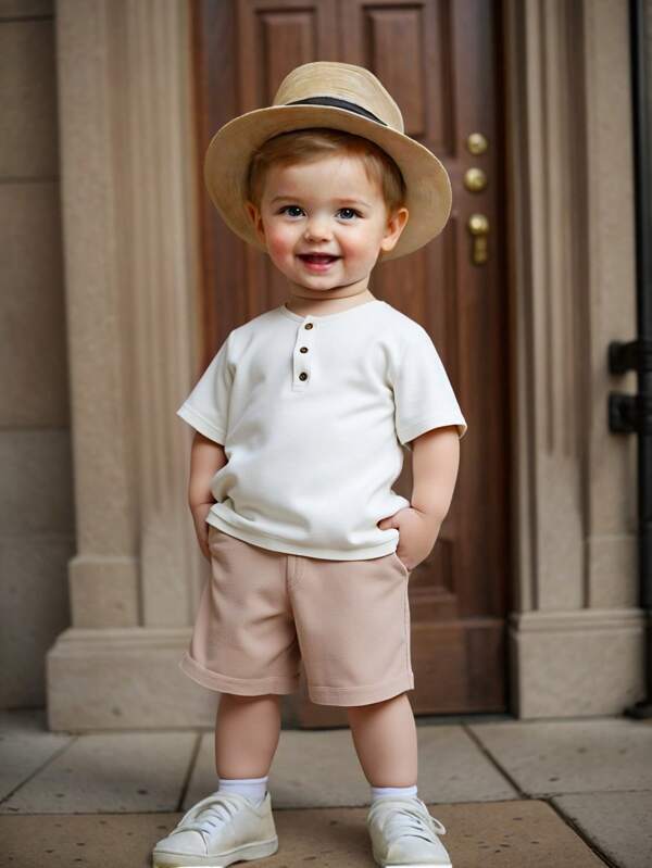SHEIN 2 stuks Baby/Peuter Jongen/Meisje Zomer Abrikoos Ronde Hals Korte Mouw Half Placket Top En Elastische Taille Shorts Set, Casual School Stijl Voor Buiten, Vakantie En Dagelijks Gebruik