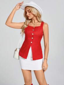 SHEIN LUNE 女式红色修身无袖 V 领收腰开衩下摆口袋背心，夏季 - 紅色 - 查看 1