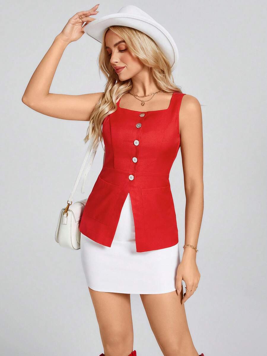 SHEIN LUNE 女式红色修身无袖 V 领收腰开衩下摆口袋背心，夏季 - 紅色 - 查看 1