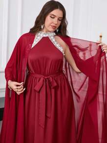 SHEIN Clasi Robe longue extra femme grande taille rouge à col montant avec décoration de sequins brillants, taille cintrée en forme de ligne A, robes printemps/été pour femmes