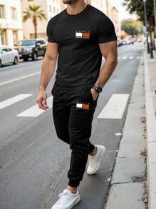 Manfinity Homme 2pcs/Set Men Plus Size T-Shirt And Drawstring Waist Jogger Pants, Black Short Sleeve Tee With Simple Logo Print, Casual Versatile Outfit, Spring/Summer