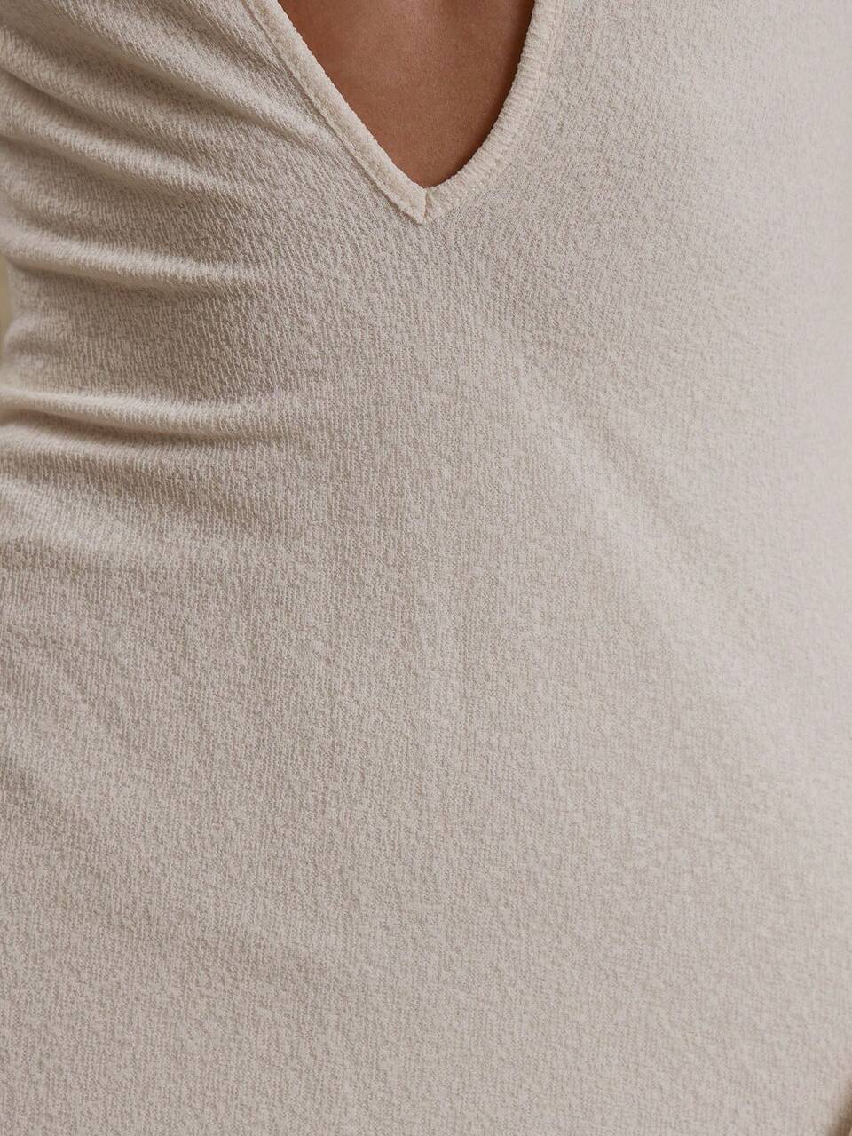 Abito midi elegante con scollo a V profondo, maniche lunghe e texture, adatto per primavera/estate, vacanze, matrimoni, addii al nubilato e cerimonie