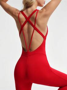Lifespree Dames effen kleur rugloze mouwloze aansluitende sportjumpsuit
