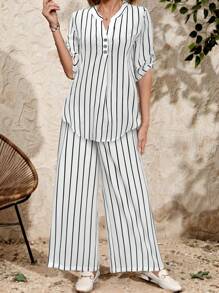 EMERY ROSE Women's Striped Two-Piece Set: Casual V-Neck Shirt And Wide Leg Pants Set
