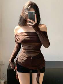 DAZY Women Off Shoulder Mesh Long Sleeve T-Shirt Top,Fall Clothes - Brown - View 1