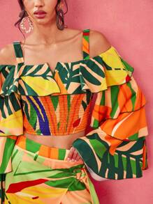 BELANGE HANDMADE Designer Boho Bohemian Position Floral Print Ruffle Tiered Sleeves Off Shoulder Shirred Cute Summer Top, Festival, Tropical,Beach For Women, Concert Elegant Vacation Business Casual Western Wear