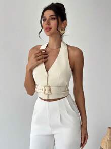 Firerie Top de mujer de escote en V y tirantes en color albaricoque con cinturón, elegante/para trabajo/casual/vacaciones/fiesta/cita/sexy - Albaricoque - Ver 4