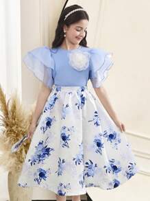 SHEIN Leap Crew Tween Girls 2pcs Set Layered Ruffle Sleeve Blouse & Floral Print Skirt - Blue and White - View 10