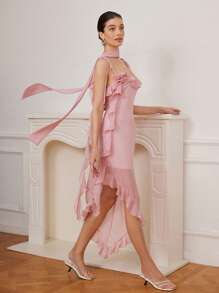 Aveloria Rosie Elegant Vacation Sexy Spaghetti Strap Ruffled Flare Design Waist Accentuating Chiffon Transparent Asymmetrical Hem Dress In Pink   Old Money Style For Summer