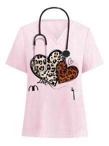 PopScrub V-Neck Short Sleeve Pocket Heart Print Nurse Scrub Uniform Top - White - View 1