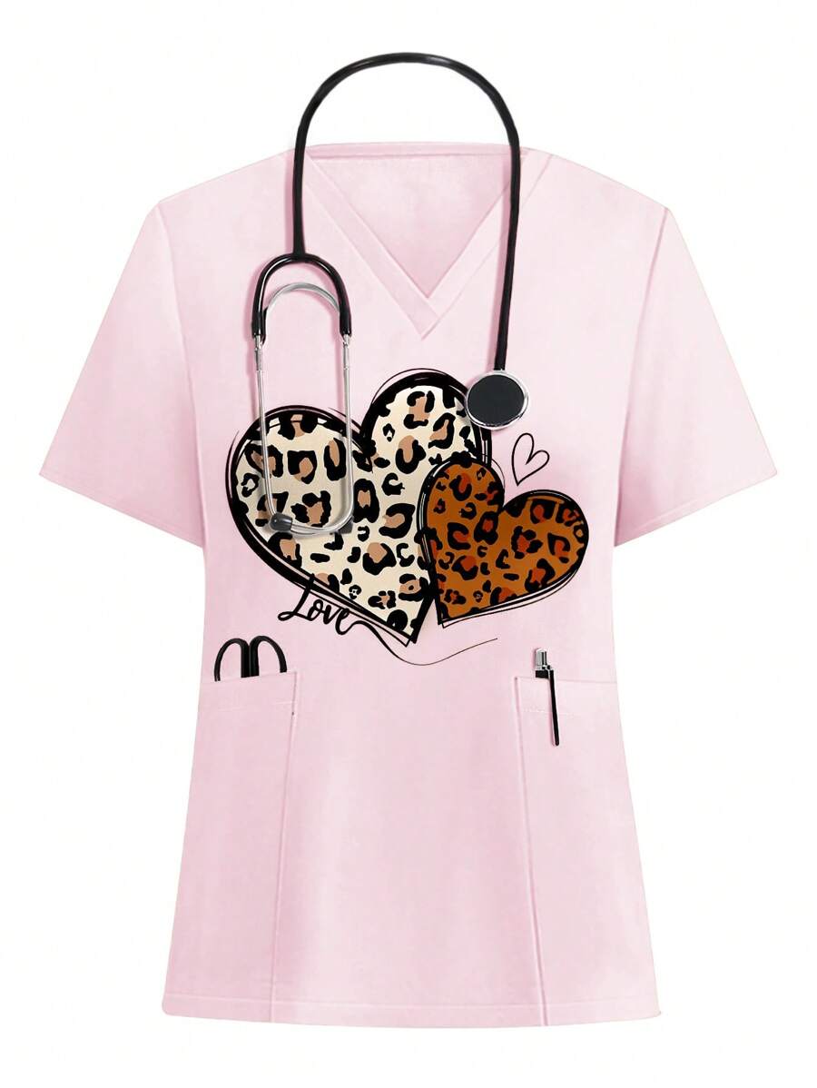 PopScrub V-Neck Short Sleeve Pocket Heart Print Nurse Scrub Uniform Top - White - View 1