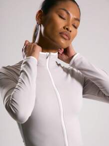 Musera Sport Contrast Piping High Neck Zip Through Top, Padel, Tennis, Pickleball Gym Fitness - Light Grey - View 3