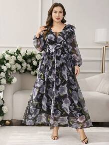 Modelyn New Design Printed Long Sleeve A-Line Cinched Waist Dress - Purple - View 5