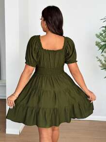 Vionelle Plus Size V-Neck Chiffon Puff Sleeve Ruched Dress - Army Green - View 4