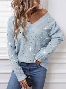 SHEIN LUNE 女士亮片 V 领长袖毛衣 - 淺藍色 - 查看 6