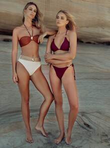 SHEIN Swim Bộ đồ bơi 2 mảnh mới của phụ nữ mùa xuân với họa tiết cổ yếm đính cườm, Bộ bikini thanh lịch dành cho phụ nữ - Nhiều màu - Xem 1
