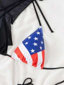 SHEIN Swim 3pcs USA Flag Print Bikini Set, For Summer Beach Vacation, 4th Of July - Black - View 5