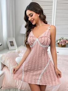 Lace Trimmed V-Neck Slip Dress With Jacquard Detailing - Coral Pink - View 5