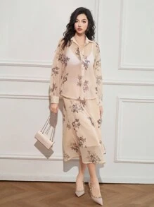 DAZY Bộ 2 món đồ công sở nữ: áo và chân váy tay phồng họa tiết hoa, xếp ly, thích hợp cho mùa thu và lễ Phục sinh. - Màu be - Xem 3