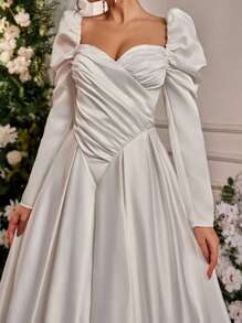 Glamrae Elegante romantische witte hartkraag gerimpelde bisschopsmouw V-hals taille split gerimpelde extra grote rok prachtige trouwjurk voor huwelijksceremonie