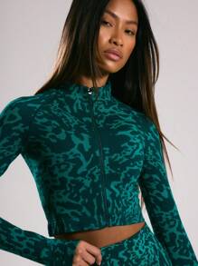 Musera Sport Cropped Zip Up High Neck Animal Print Contour Jacket Top, Padel, Tennis, Pickleball Gym Fitness Winter - Blue - View 6