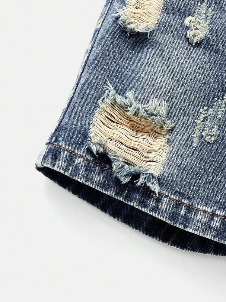 Quần short denim rách dáng rộng cho bé trai phong cách cổ điển, trang phục thường ngày, thiết kế thời trang tối giản - Rửa trung bình - Xem 3