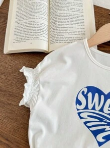 Blossori Young Girl French Letter Print Elegant T-Shirt And Shorts Set, Spring/Summer