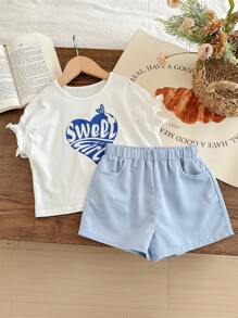 Blossori Young Girl French Letter Print Elegant T-Shirt And Shorts Set, Spring/Summer